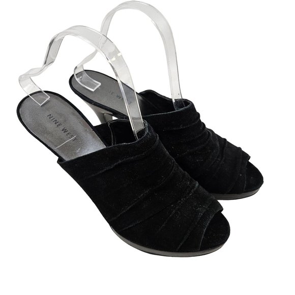 Nine West Shoes Womens 9.5M Slip On Heels Black Suede Open Toe Pleated Dressy - Picture 1 of 9